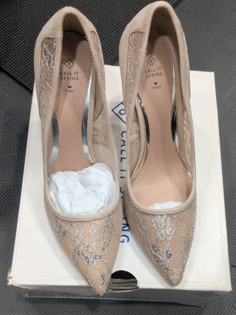 Call It Spring Blush-Beige Lace Pointed Pumps with Silver Accents